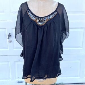 Jaclyn Smith Black Sheer Blouse with Embellishments